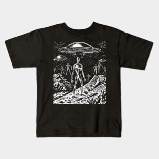 Black and White Alien UFO Invasion Art - Monochromatic Extraterrestrial Design Kids T-Shirt